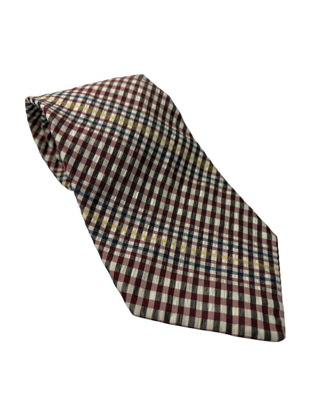 Brooks Brothers Makers Silk Tie Mens Plaid Check Burgundy Blue Yellow USA Made